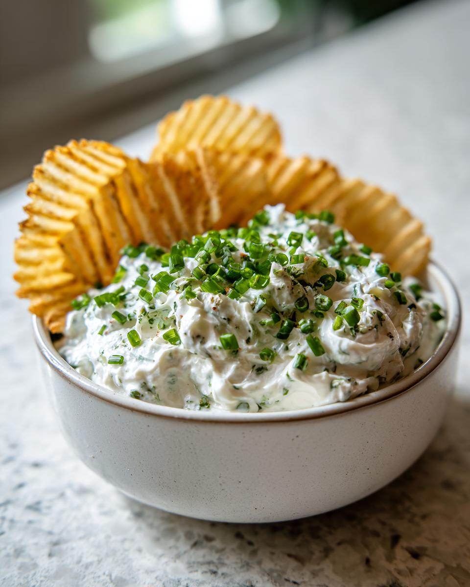 A bowl of creamy, herb-topped clam dip served with ridged potato chips.