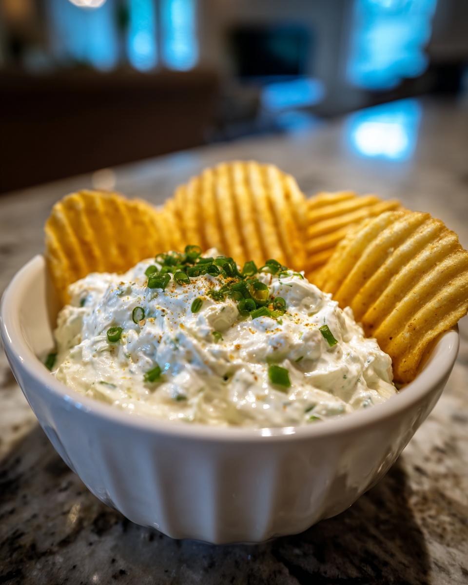 A white bowl filled with creamy clam dip garnished with chives and spices, served with ruffled potato chips.