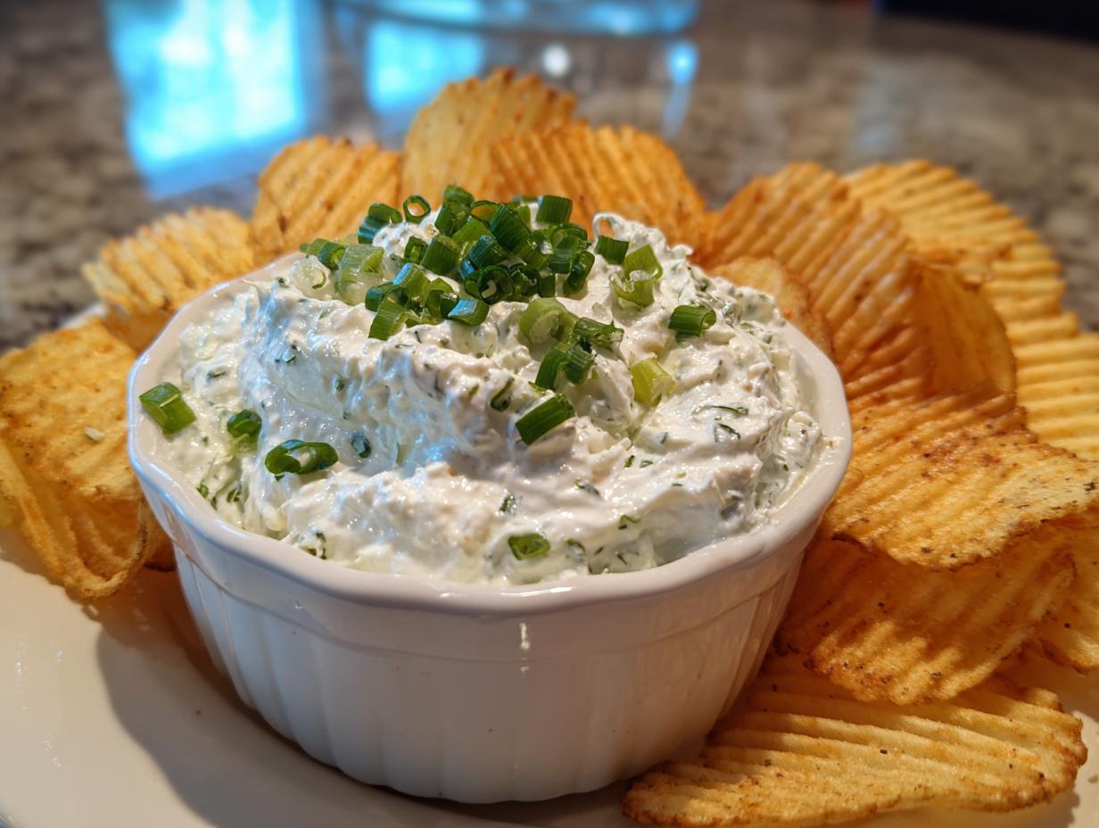A white bowl filled with creamy clam dip, topped with fresh green onions, served with ruffled potato chips.