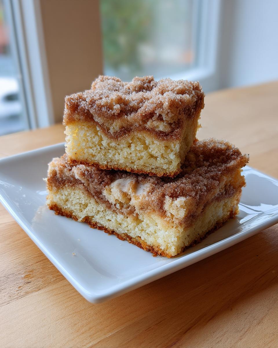 Two square slices of moist coffee cake stacked on a white plate, featuring a thick cinnamon streusel topping.