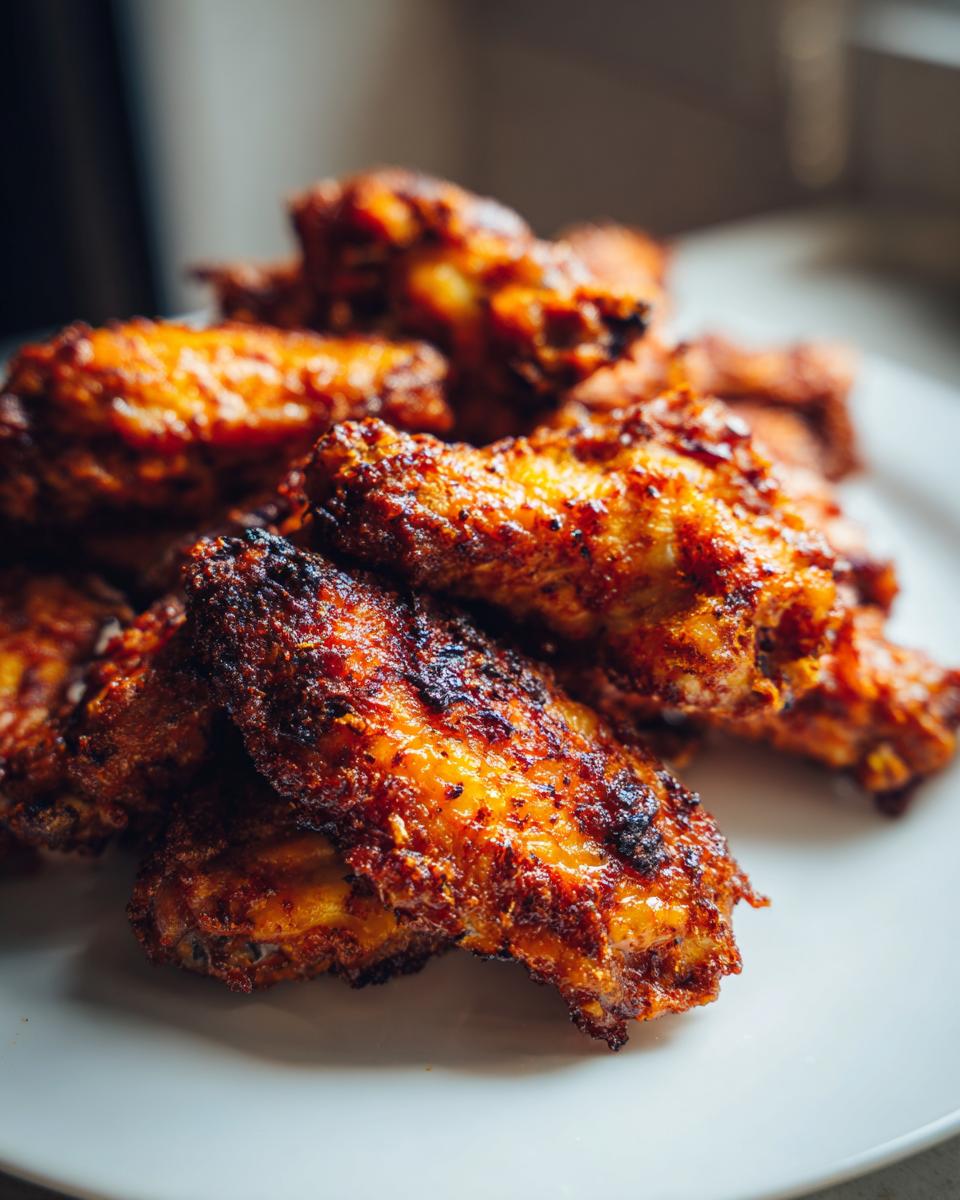 Close-up of perfectly cooked, crispy chicken wings with a deep golden-brown, slightly charred exterior.