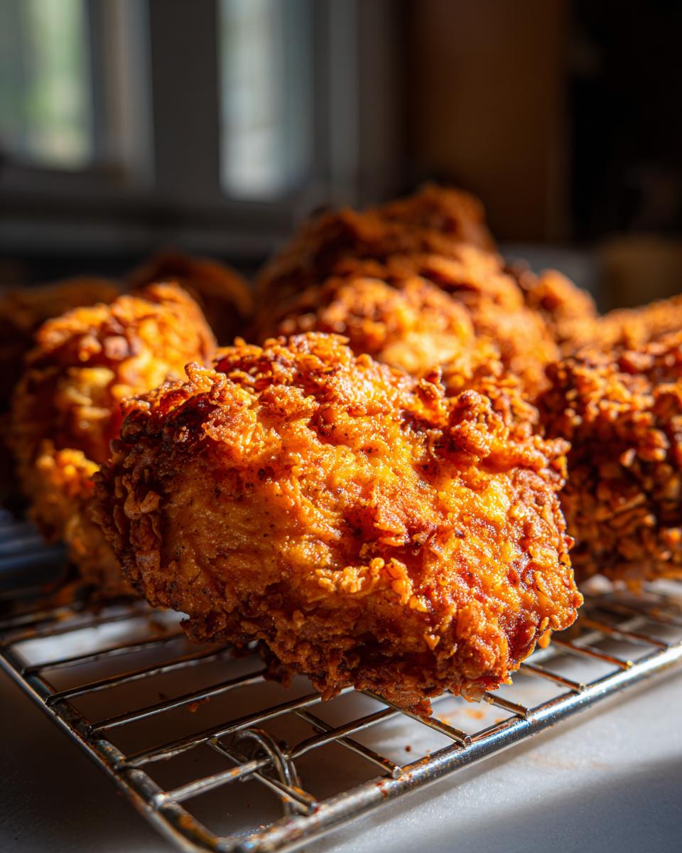 Close-up of perfectly crispy, golden-brown fried chicken resting on a wire cooling rack.