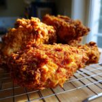 Close-up of several pieces of perfectly cooked, crispy fried chicken resting on a wire cooling rack.