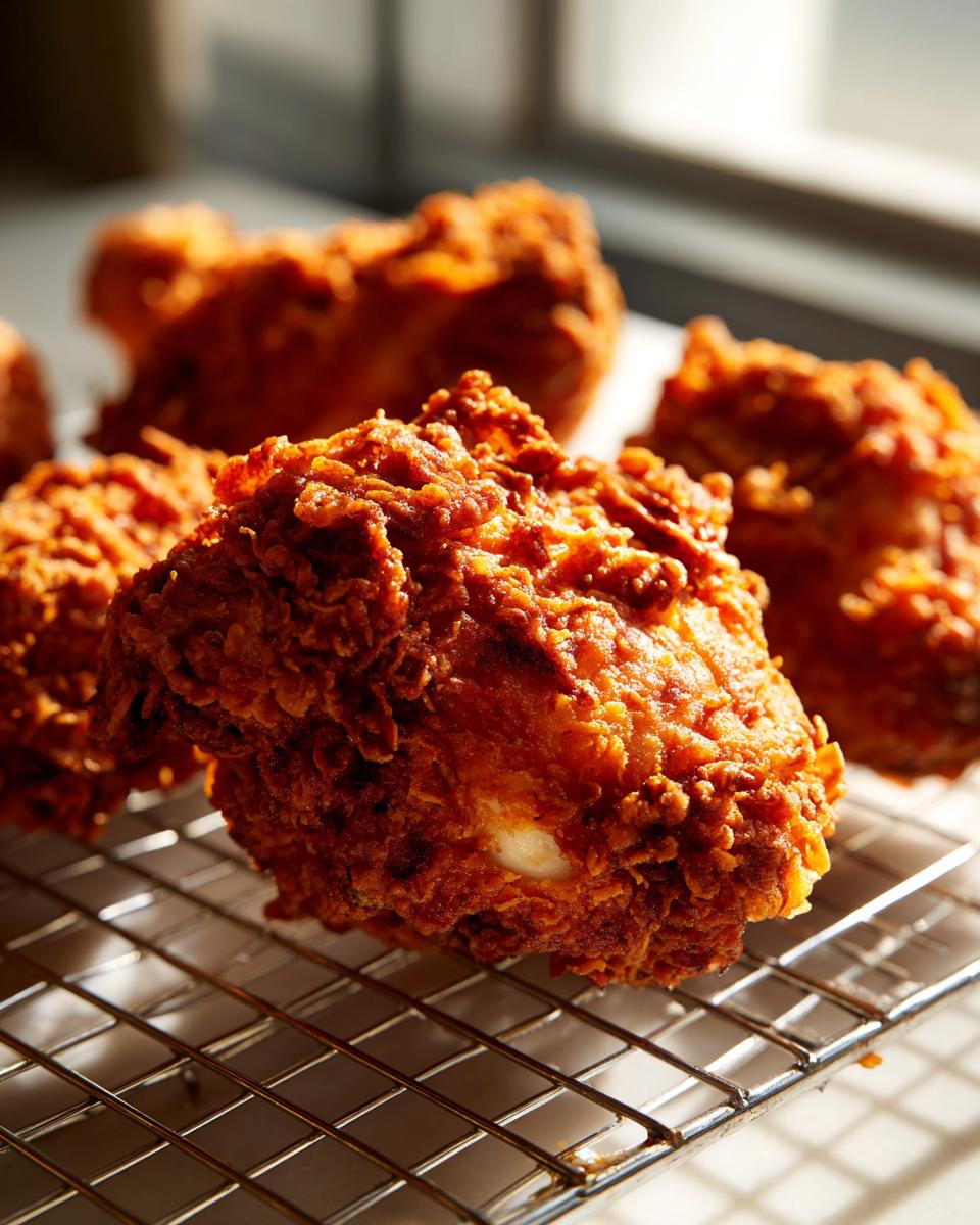 Close-up of perfectly crispy, golden-brown fried chicken pieces resting on a wire cooling rack.