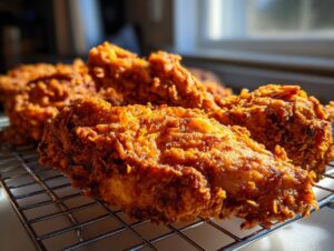Close-up of several pieces of incredibly crispy, golden brown fried chicken resting on a wire cooling rack.