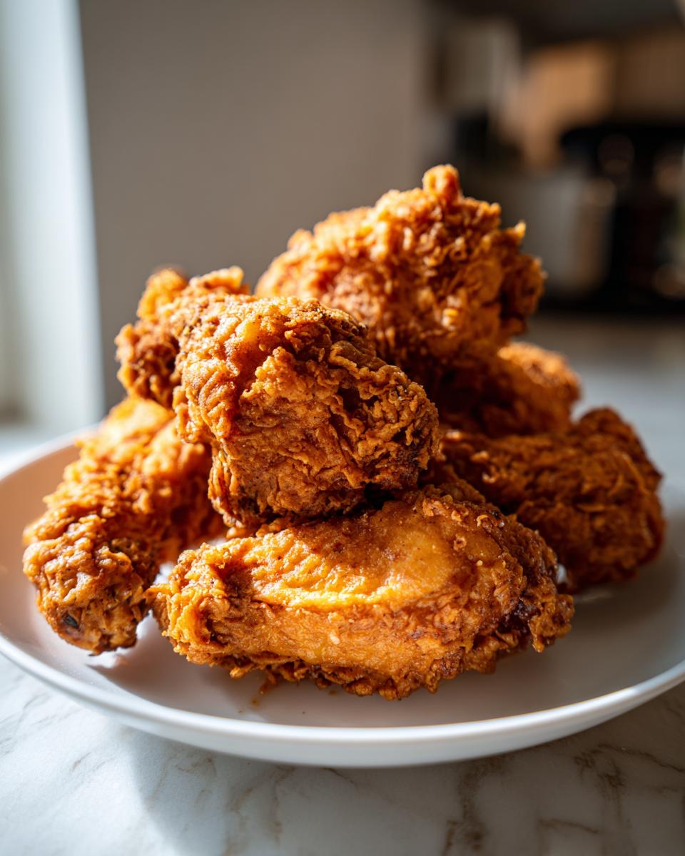 A close-up stack of golden brown, crispy fried chicken wings piled high on a white plate.