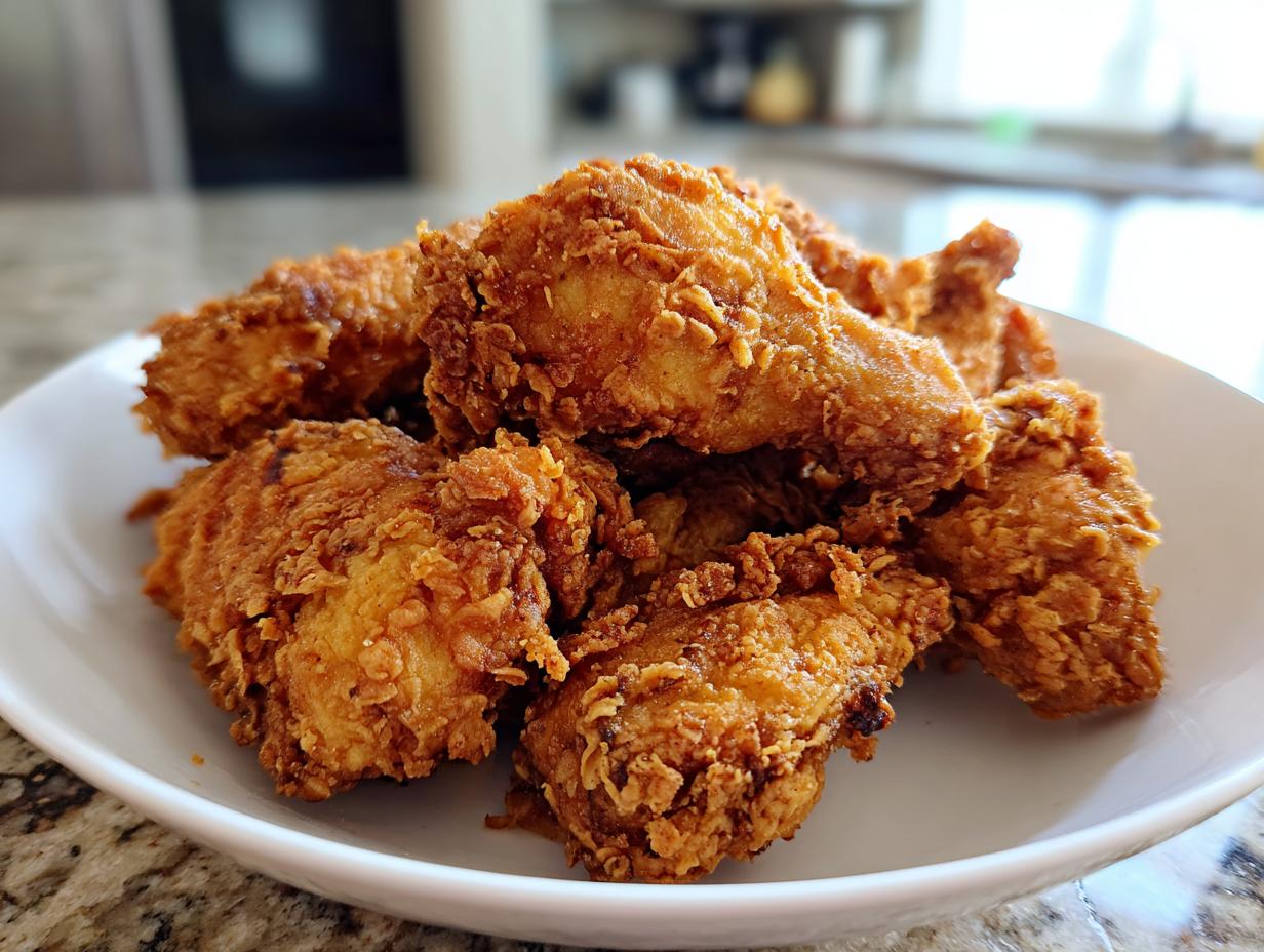 A close-up of a pile of perfectly cooked, crispy fried chicken wings served on a white plate.