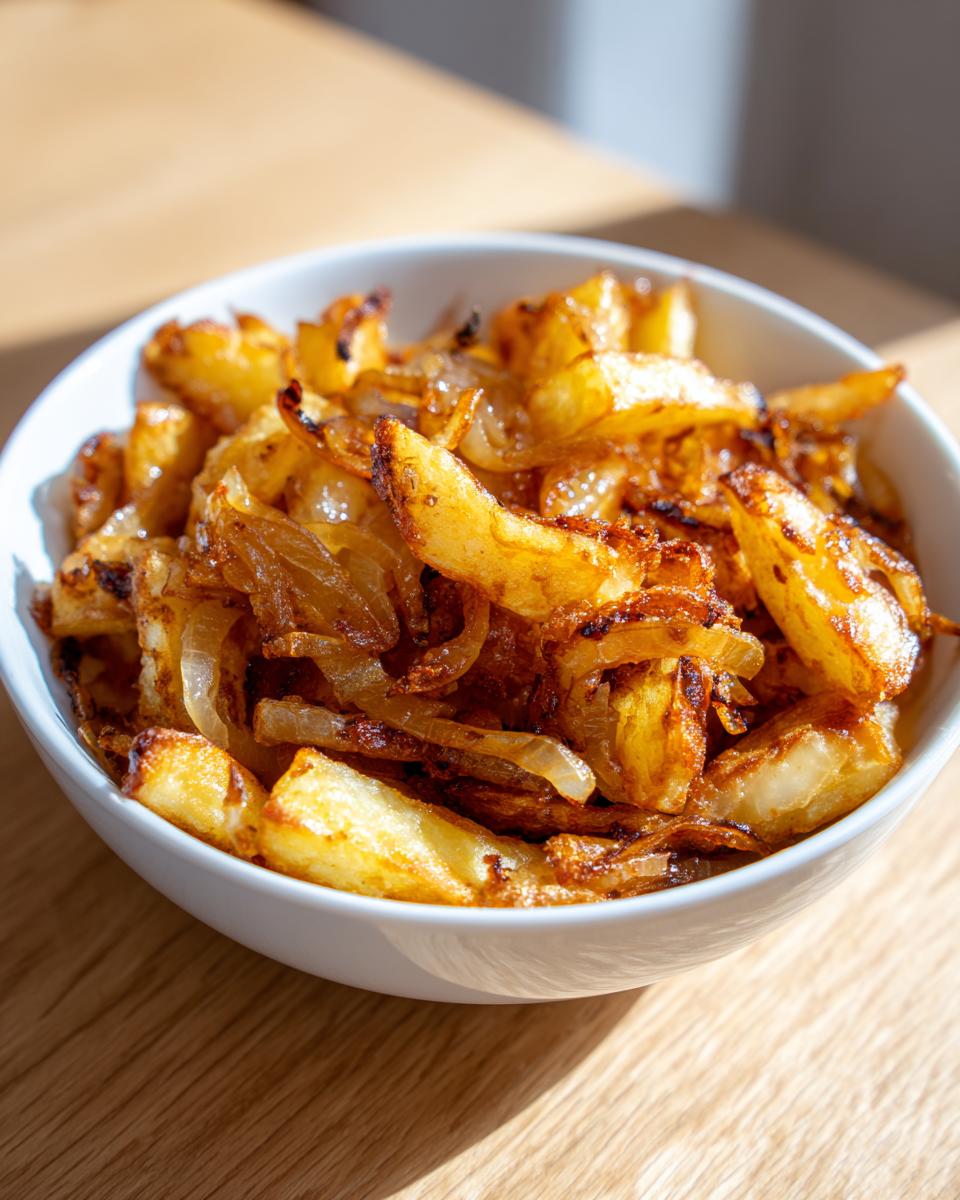 Close-up of a white bowl filled with perfectly golden brown fried potatoes mixed with caramelized onions.