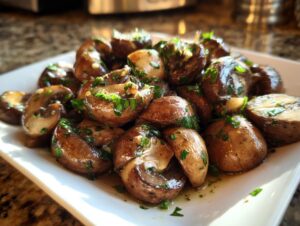 A close-up of sautéed Garlic Butter Mushrooms glistening with sauce and topped with fresh parsley on a white serving dish.