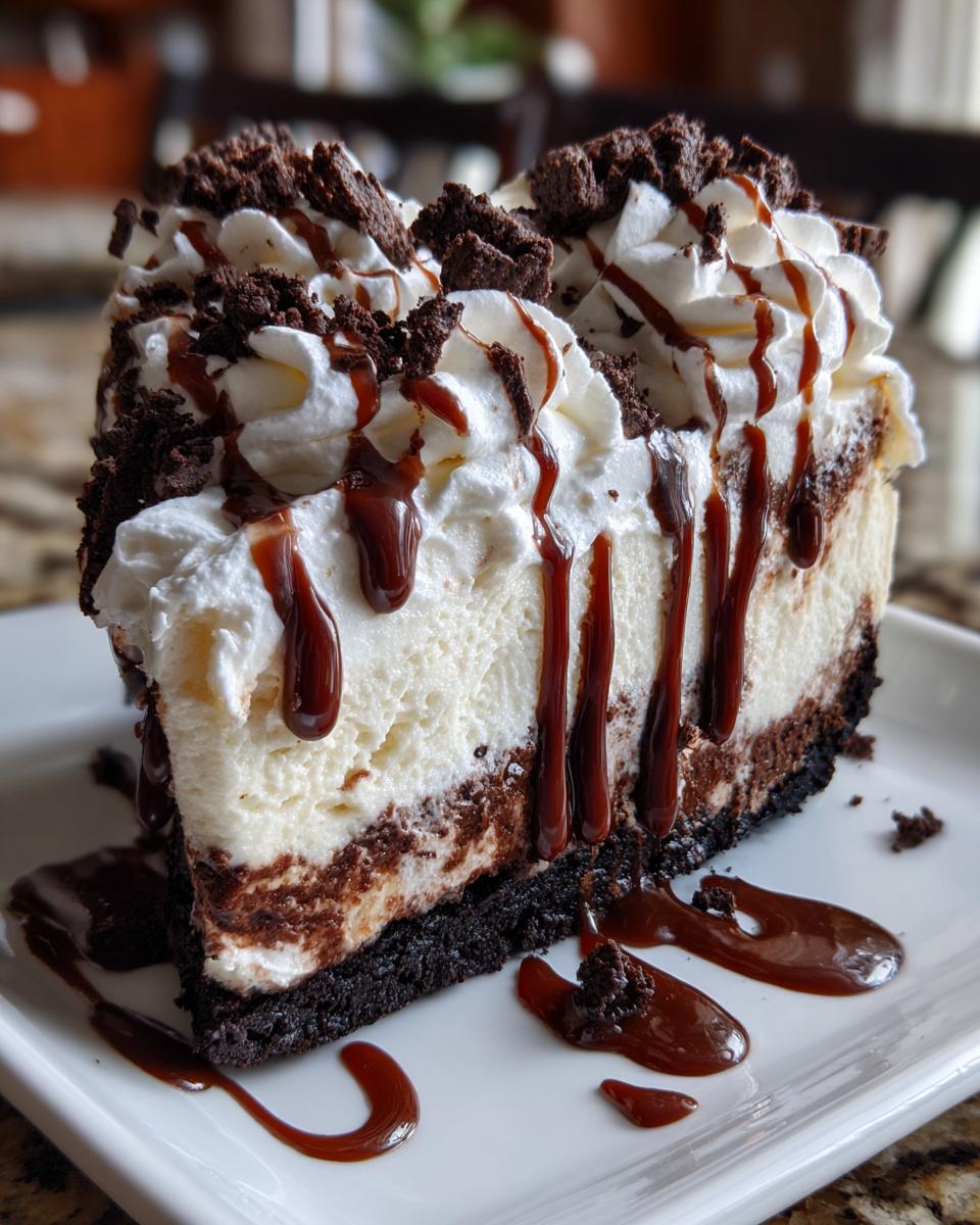 A decadent slice of 3-layer ice cream cake featuring layers of white ice cream, chocolate crust, topped with whipped cream, chocolate drizzle, and cookie crumbles.