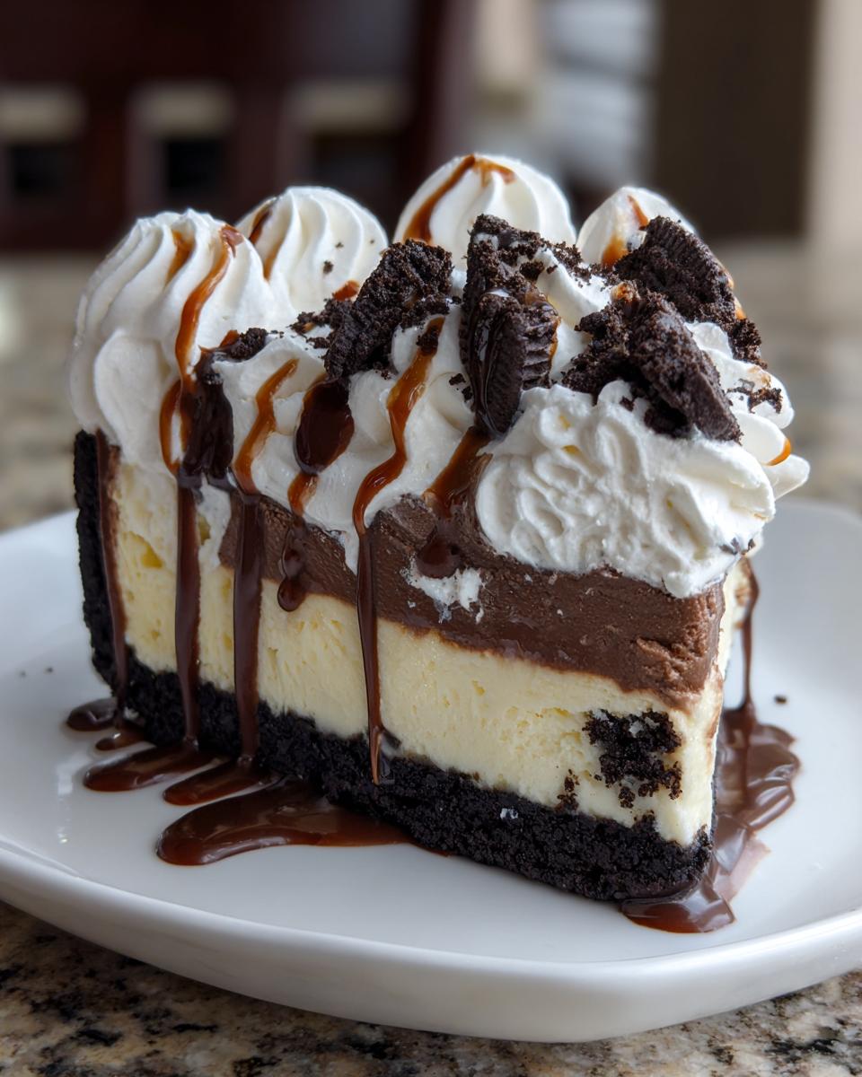 A decadent slice of 3-layer ice cream cake featuring vanilla and chocolate layers, a cookie crust, whipped cream, and caramel/chocolate drizzle.