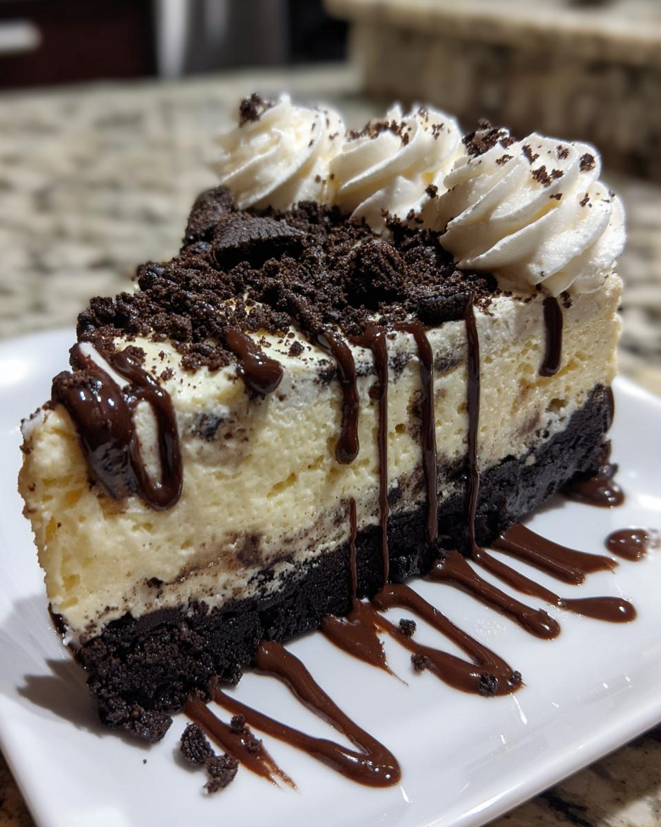A decadent slice of 3-layer ice cream cake featuring a dark crust, creamy filling, chocolate drizzle, and whipped cream.