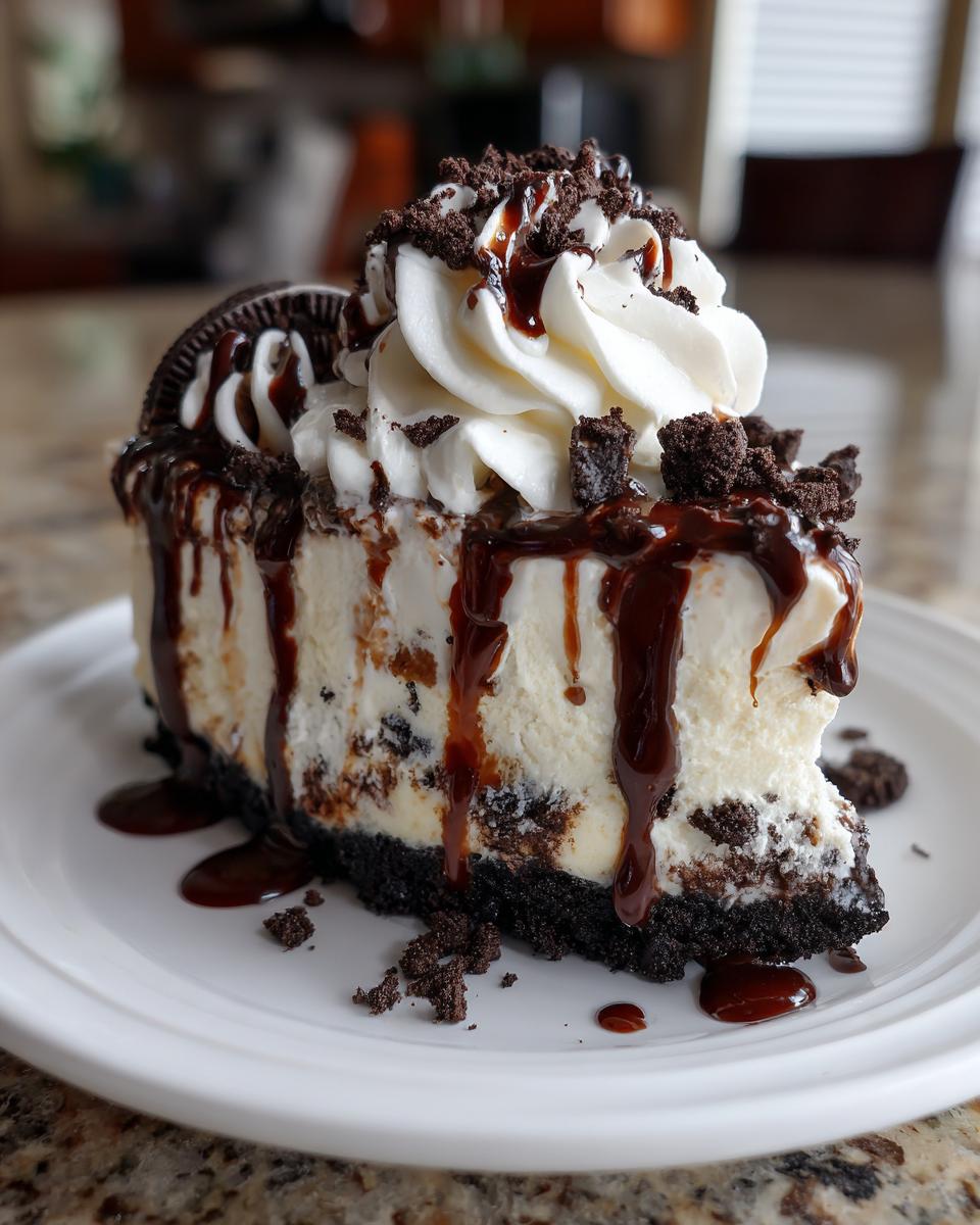 A decadent slice of 3-layer ice cream cake featuring an Oreo crust, creamy filling, whipped cream, and chocolate syrup.