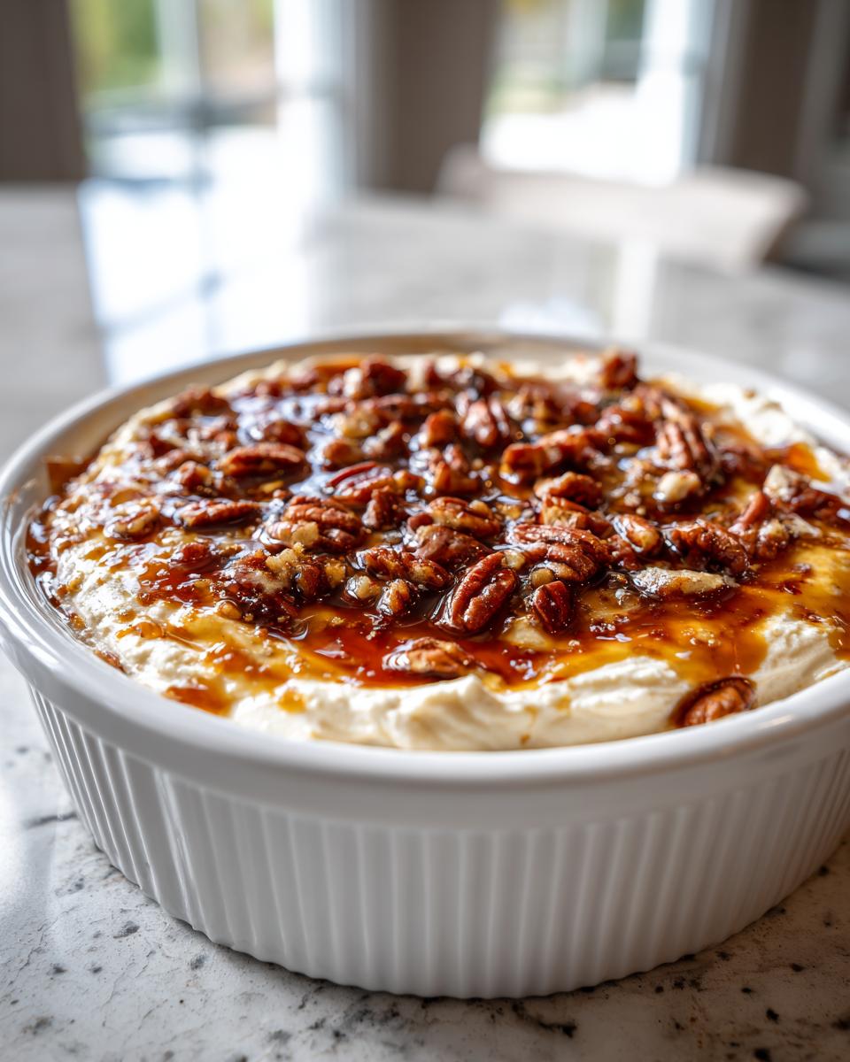 A close-up of delicious pecan pie dip topped with candied pecans and caramel sauce in a white, fluted serving dish.