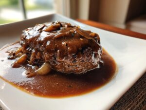 Close-up of a perfectly cooked salisbury steak smothered in rich brown mushroom gravy on a white plate.
