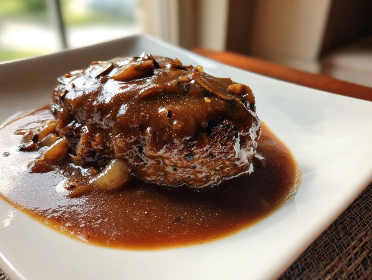 Close-up of a perfectly cooked salisbury steak smothered in rich brown mushroom gravy on a white plate.