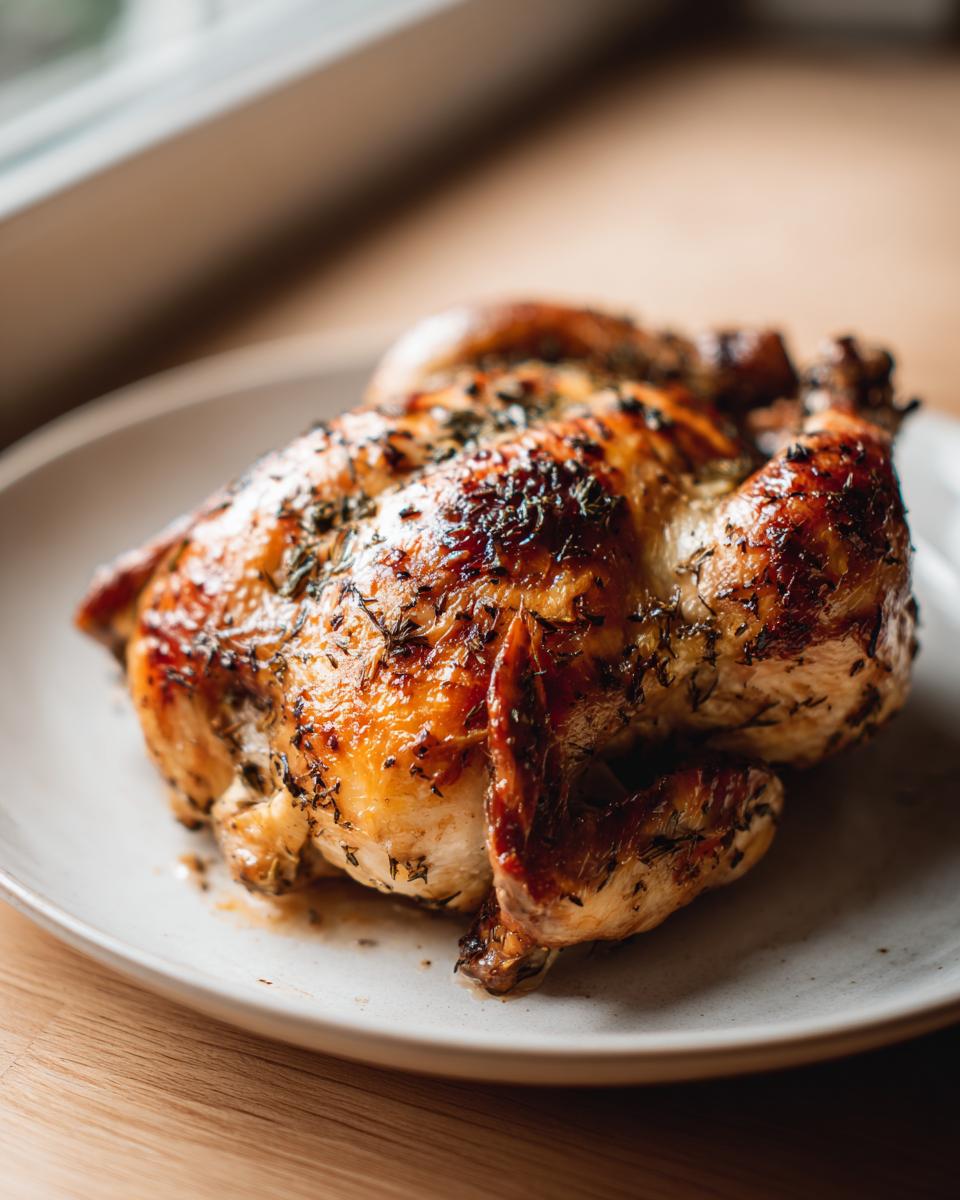 A whole, beautifully roasted spatchcock chicken with golden, crispy skin seasoned with herbs, resting on a light plate.