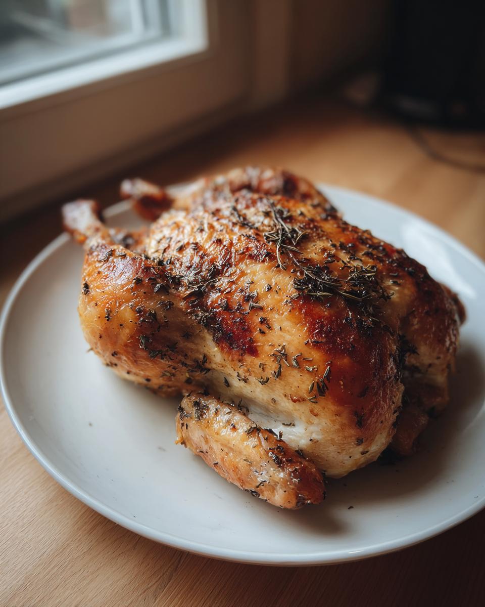 A whole, beautifully roasted spatchcock chicken with crispy, golden-brown skin seasoned with herbs, resting on a white plate.