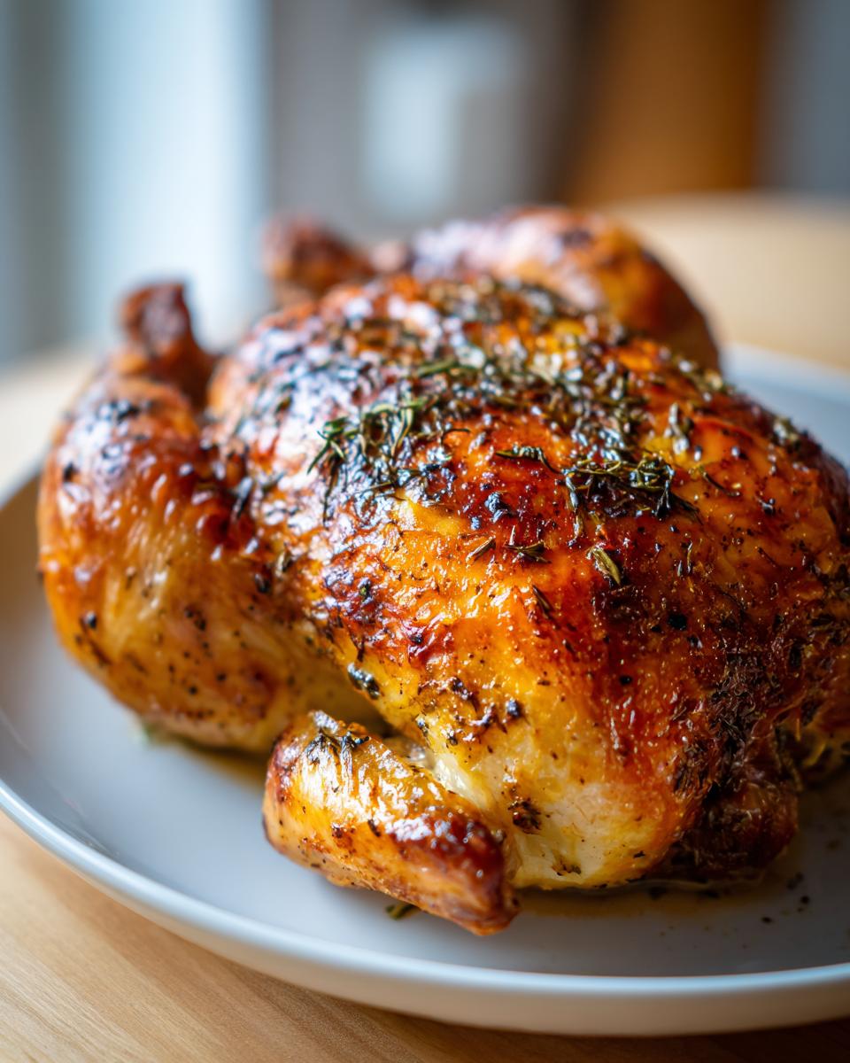 A close-up of a beautifully roasted spatchcock chicken with crispy, golden-brown skin seasoned with herbs.
