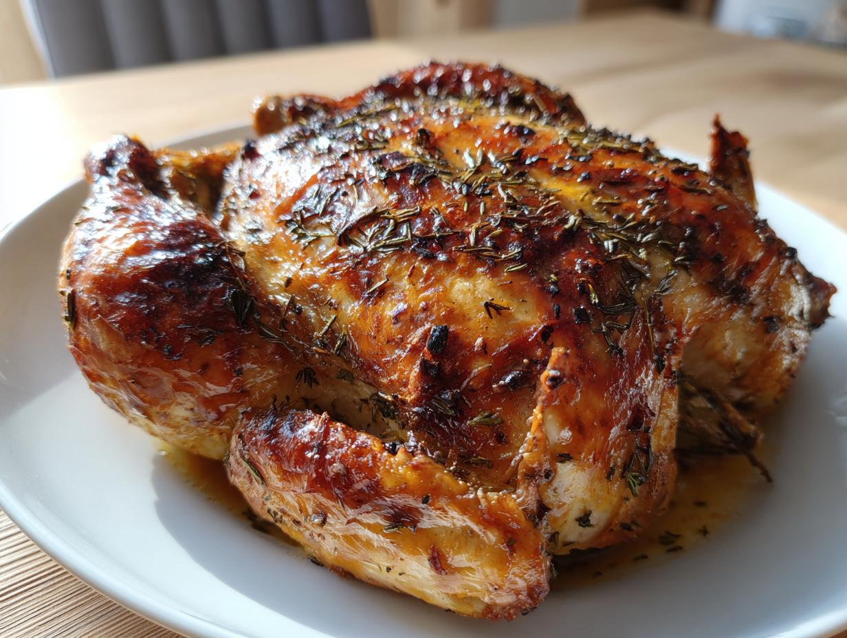 A whole, beautifully roasted spatchcock chicken with golden-brown, crispy skin seasoned with dried herbs.