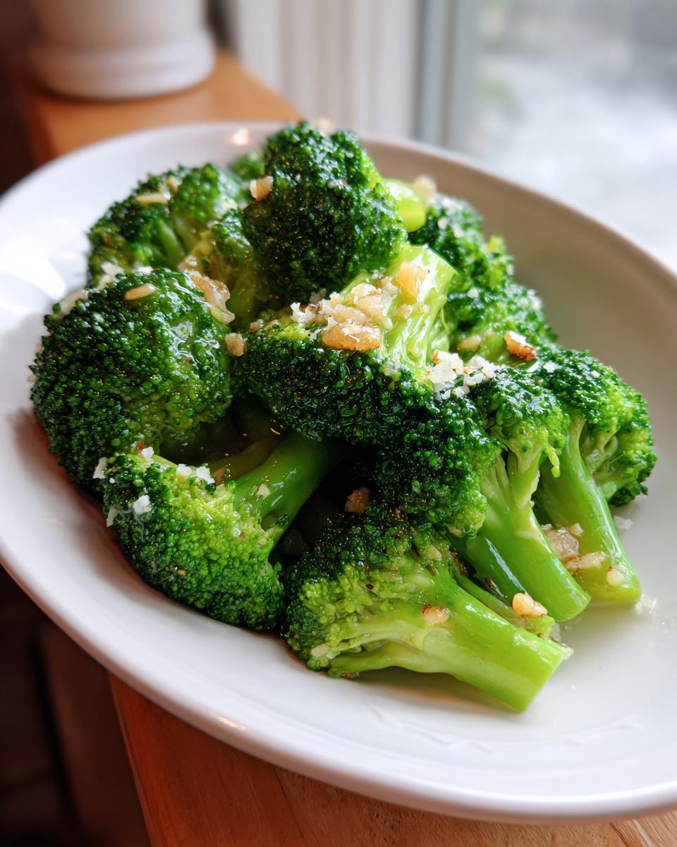 Close-up of bright green steamed broccoli florets topped with minced garlic and seasoning on a white plate.