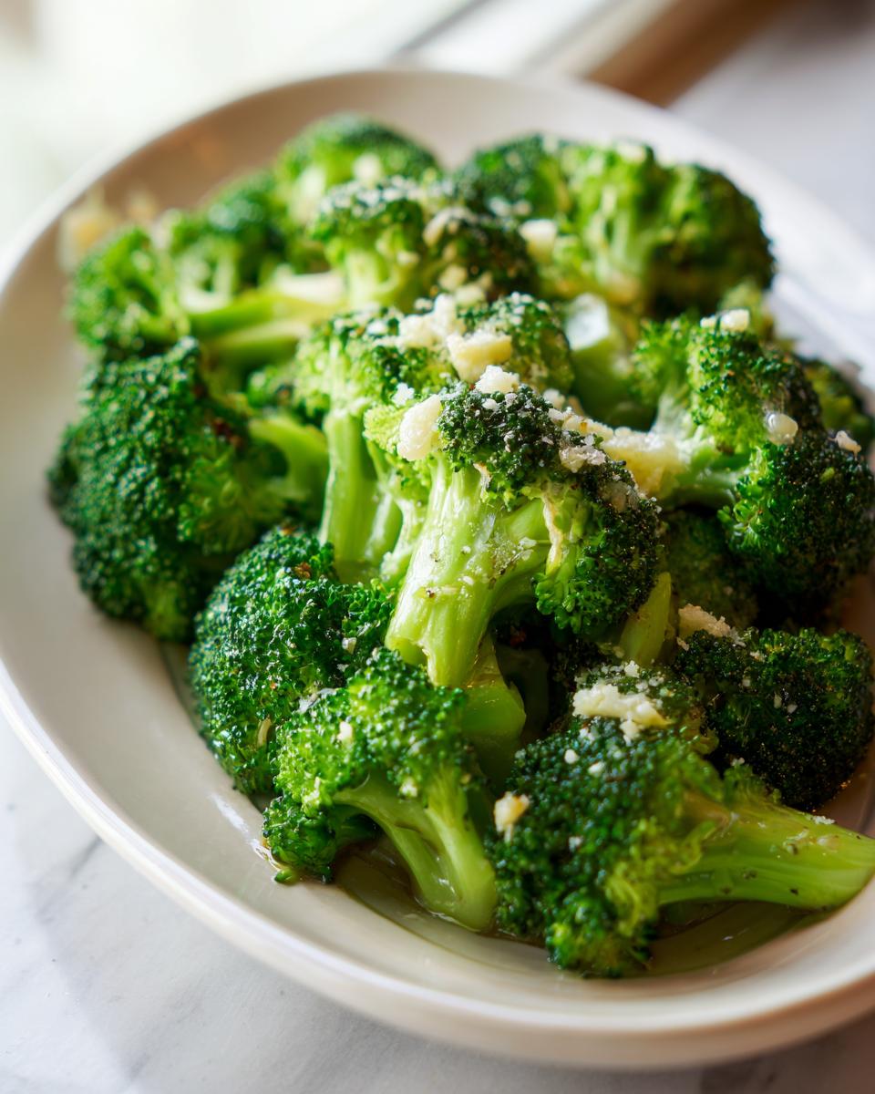 Close-up of bright green steamed broccoli florets topped with grated Parmesan cheese on a white platter.