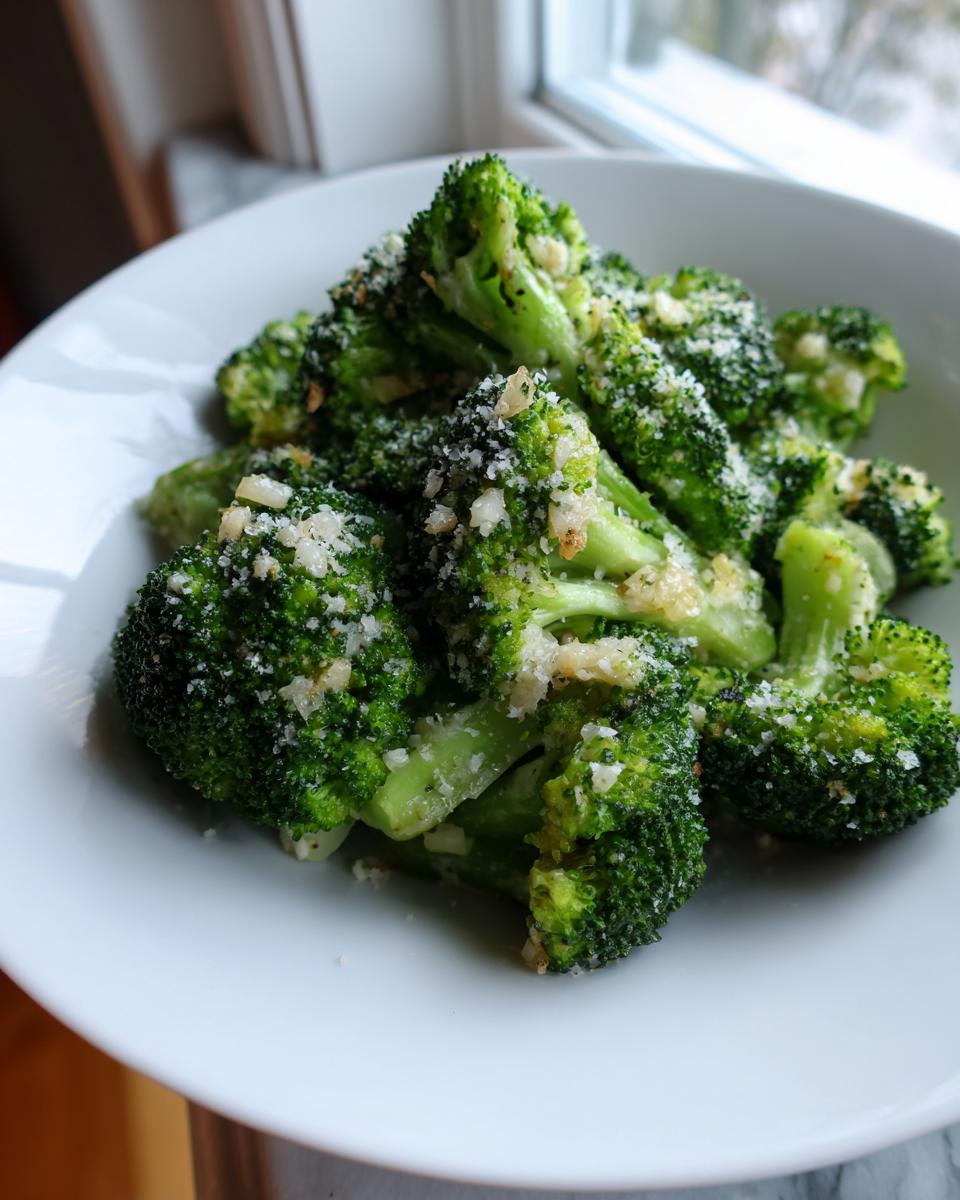 A white bowl filled with bright green steamed broccoli florets topped generously with grated Parmesan cheese.