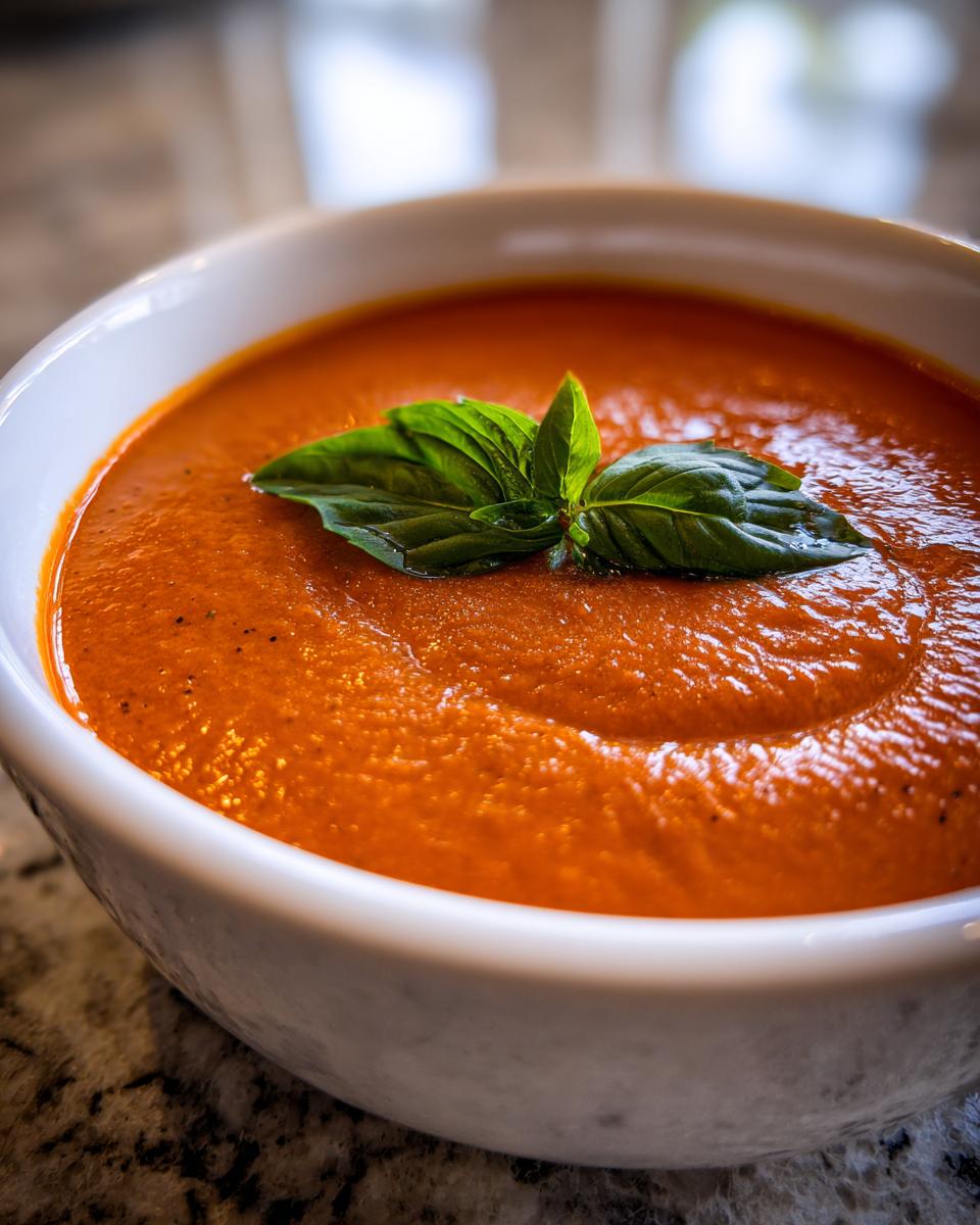 Close-up of a rich, orange-red bowl of tomato bisque topped with a sprig of fresh basil leaves.