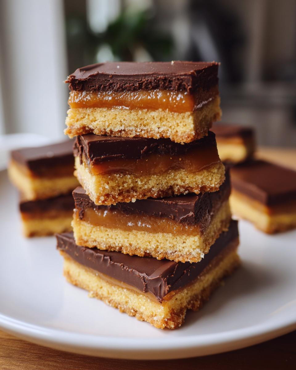 A stack of four homemade Twix bars showing the shortbread base, thick caramel layer, and chocolate topping.