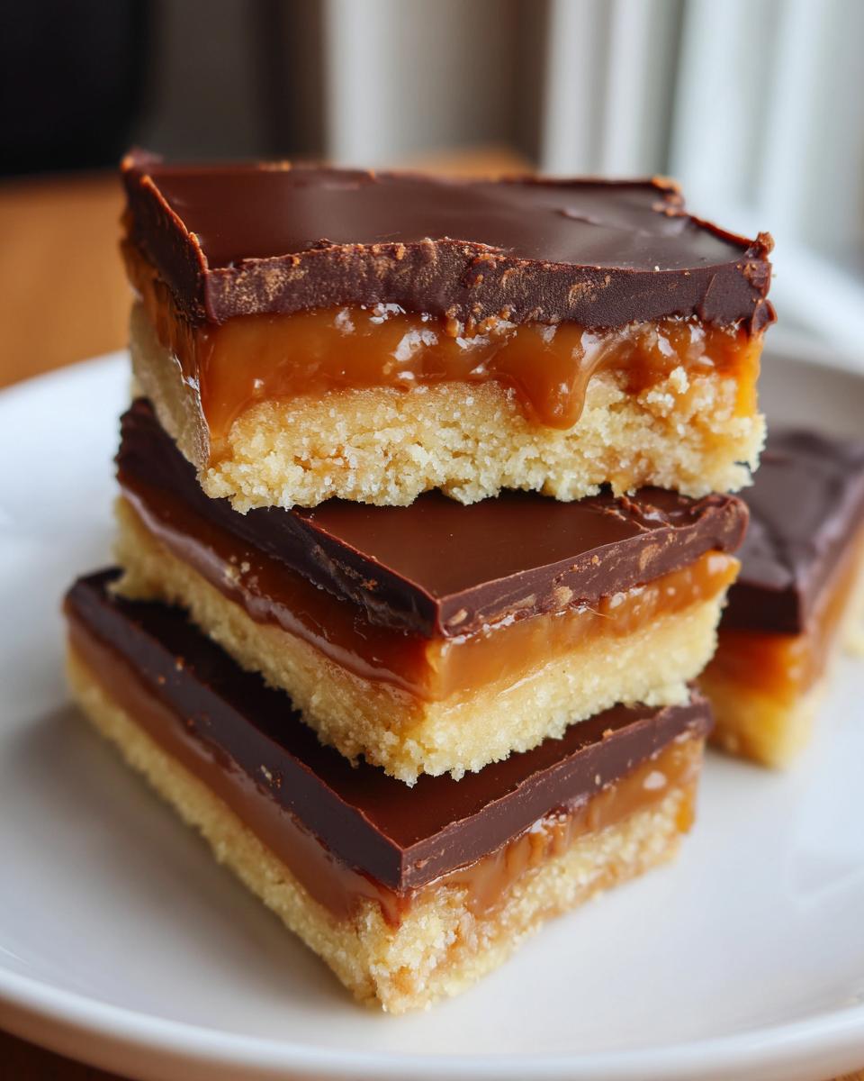 A stack of three homemade Twix bars showing shortbread crust, gooey caramel, and chocolate topping.