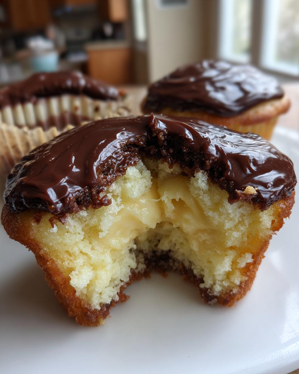 Close-up of a boston cream pie cupcakes with a bite taken out, revealing rich vanilla cream filling and chocolate ganache topping.