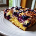 Close-up of a golden slice of Blueberry French Toast Casserole topped with baked blueberries on a white plate.