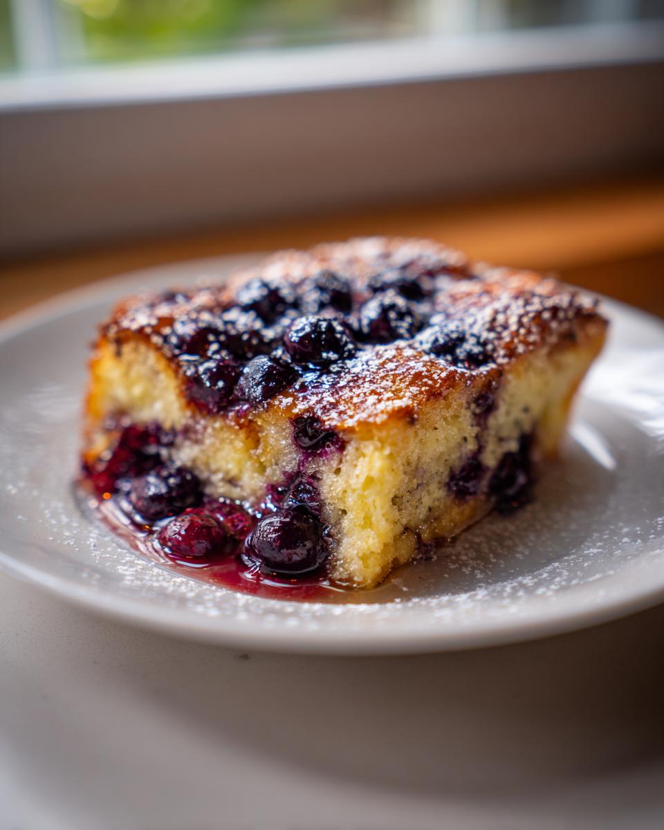 A single serving slice of rich Blueberry French Toast Casserole topped with fresh blueberries and powdered sugar.