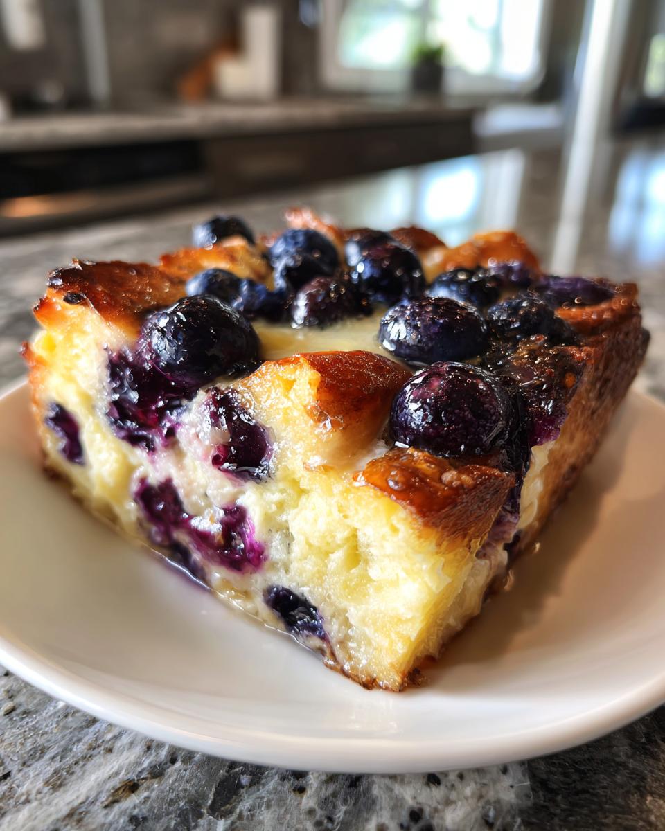 A close-up of a square slice of Blueberry French Toast Casserole, topped with glistening blueberries, served on a white plate.
