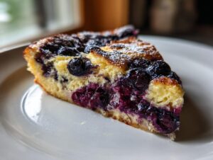 A close-up of a single slice of moist Blueberry French Toast Casserole dusted with powdered sugar on a white plate.
