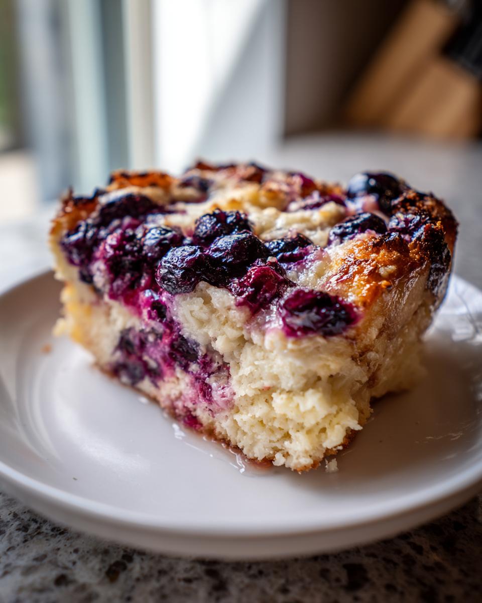 Close-up of a moist slice of Blueberry French Toast Casserole topped with baked blueberries on a white plate.