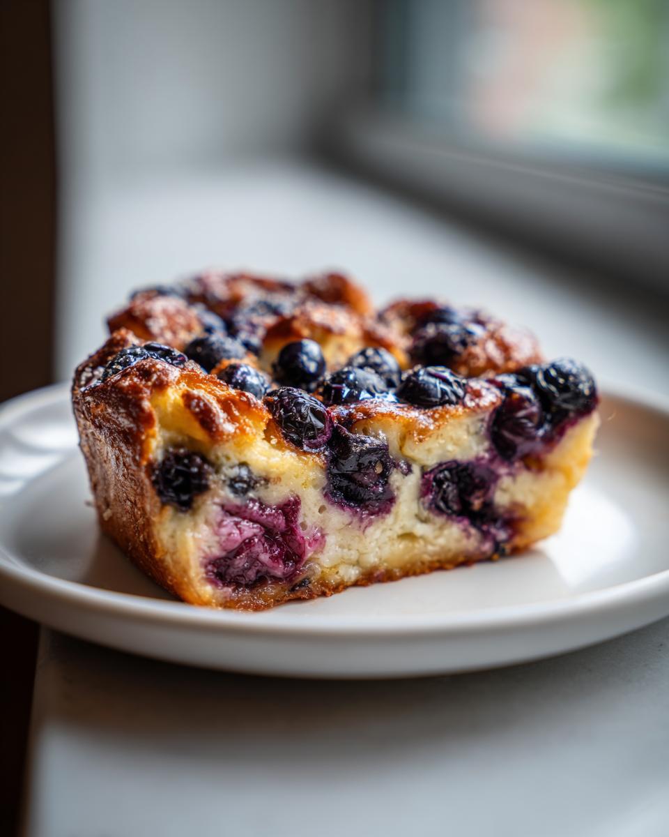 A close-up of a square slice of baked Blueberry French Toast Casserole, rich with purple blueberries, served on a white plate.