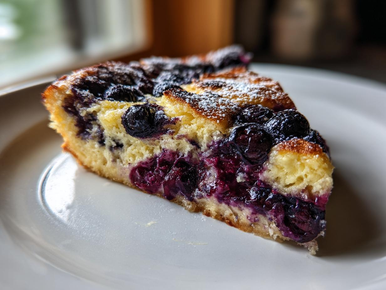 A close-up of a single slice of moist Blueberry French Toast Casserole dusted with powdered sugar on a white plate.