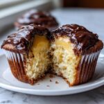 A boston cream pie cupcakes cut in half showing the fluffy cake, rich vanilla cream filling, and chocolate ganache topping.