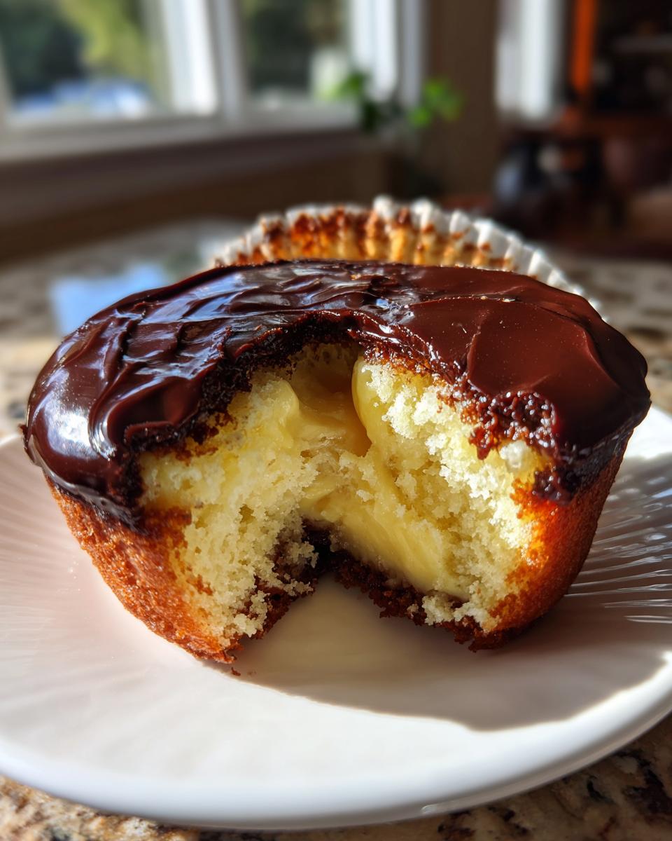 Close-up of a boston cream pie cupcakes with a bite taken out, revealing vanilla custard filling and chocolate ganache topping.