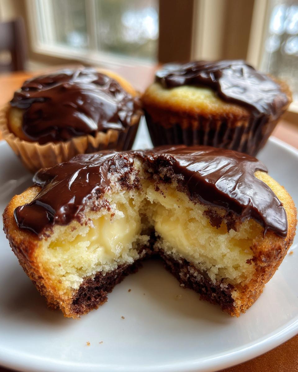 Close-up of a boston cream pie cupcakes cut in half showing vanilla cake, pastry cream filling, and chocolate ganache topping.