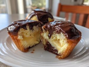 A boston cream pie cupcake cut in half showing vanilla cake, pastry cream filling, and chocolate ganache topping.