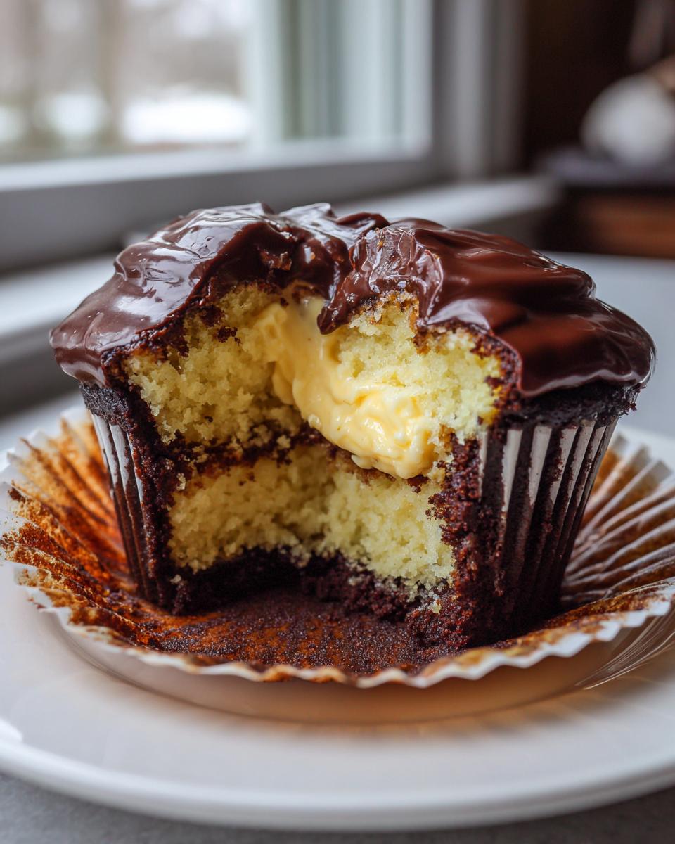 A cross-section of a boston cream pie cupcakes showing vanilla cake, pastry cream filling, and chocolate ganache topping.