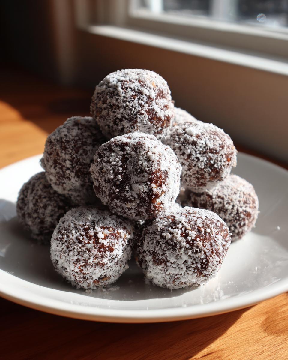 A stack of rich, dark bourbon balls generously coated in powdered sugar or coconut flakes, sitting on a white plate.