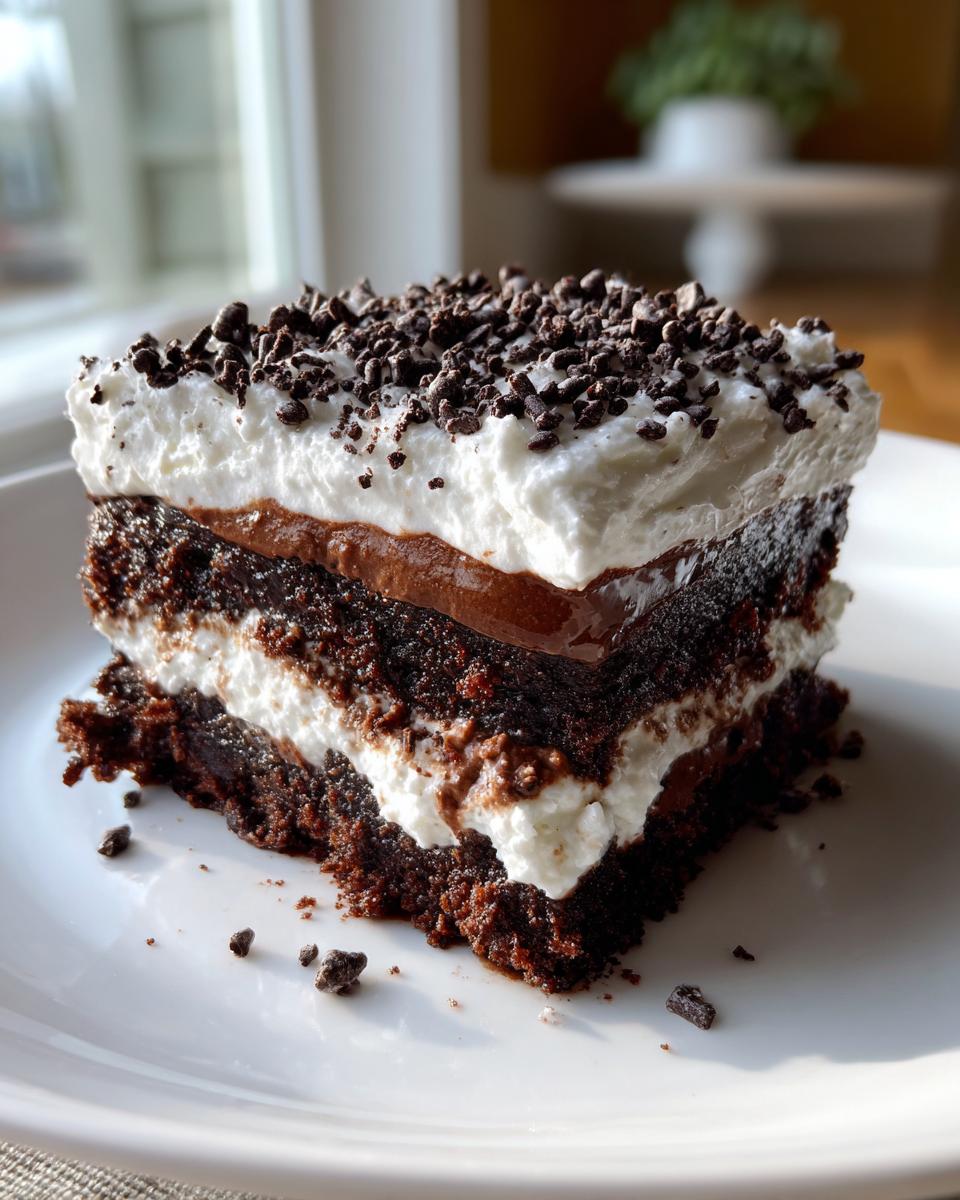 A decadent slice of brownie refrigerator cake showing three layers: dark chocolate cake, white cream, and a chocolate pudding layer, topped with whipped cream and sprinkles.