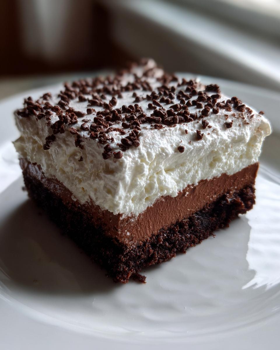 Close-up of a square slice of brownie refrigerator cake showing a dark crust, chocolate mousse layer, and thick whipped topping with sprinkles.