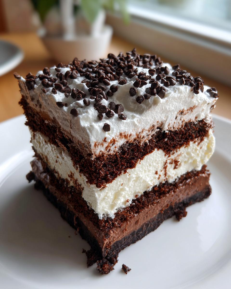 A decadent slice of brownie refrigerator cake showing three layers: dark chocolate base, creamy white filling, and chocolate cake, topped with whipped cream and mini chocolate chips.