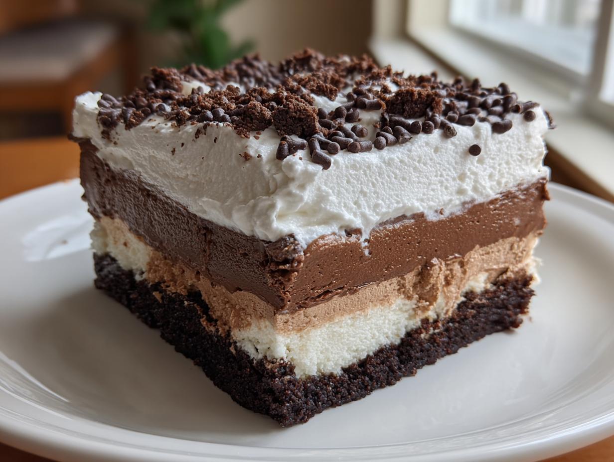 A decadent slice of brownie refrigerator cake showing four distinct layers: dark crust, white layer, light brown mousse, dark chocolate mousse, and whipped topping.