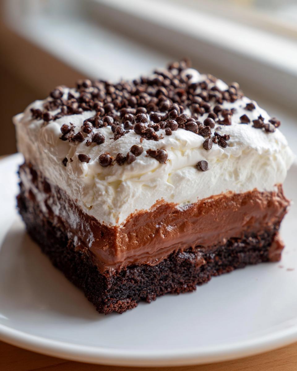 Close-up of a single serving of brownie refrigerator cake showing three distinct layers and chocolate sprinkles.