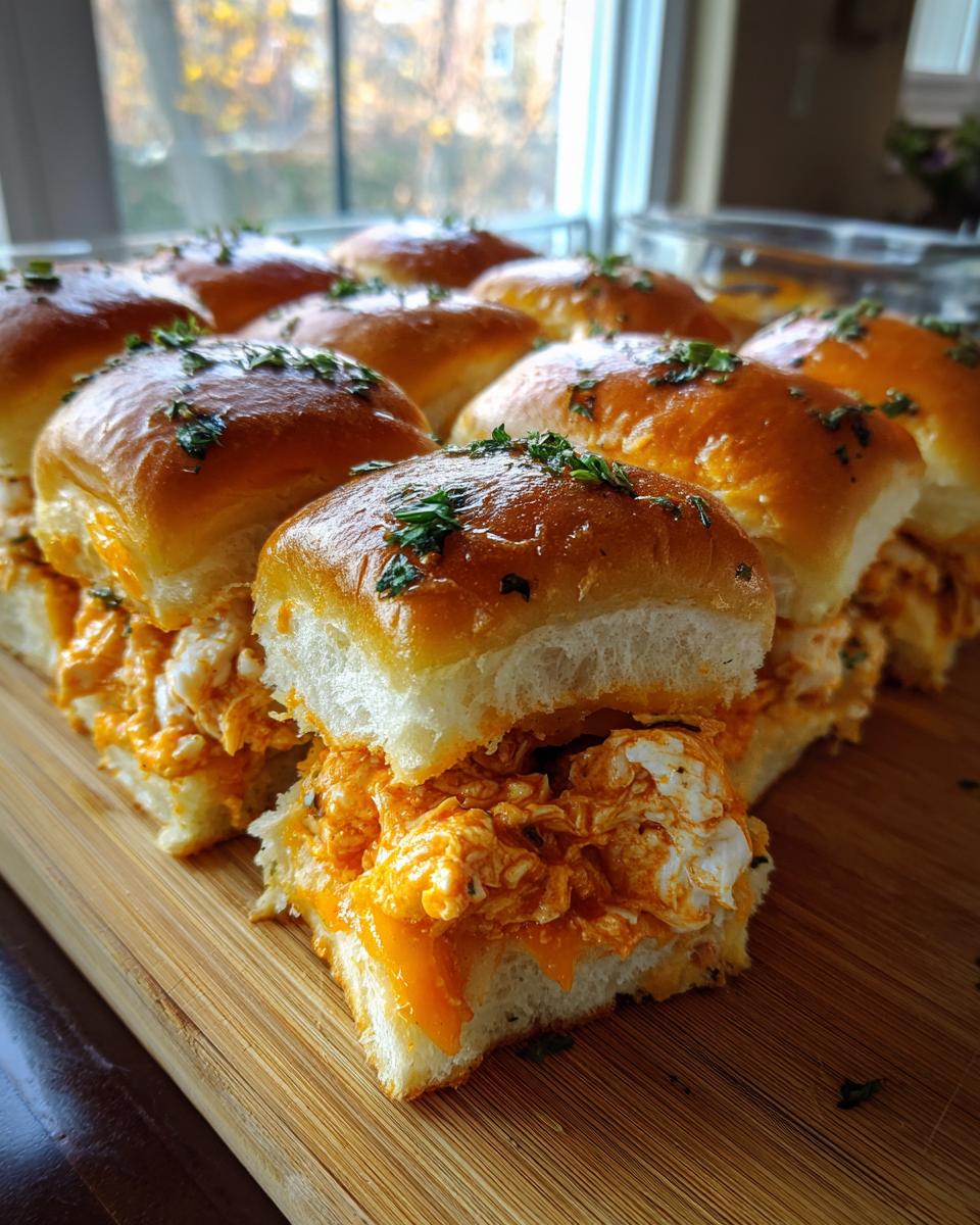 A tray of freshly baked buffalo chicken sliders with shiny, buttered tops sprinkled with parsley, showing the cheesy filling.